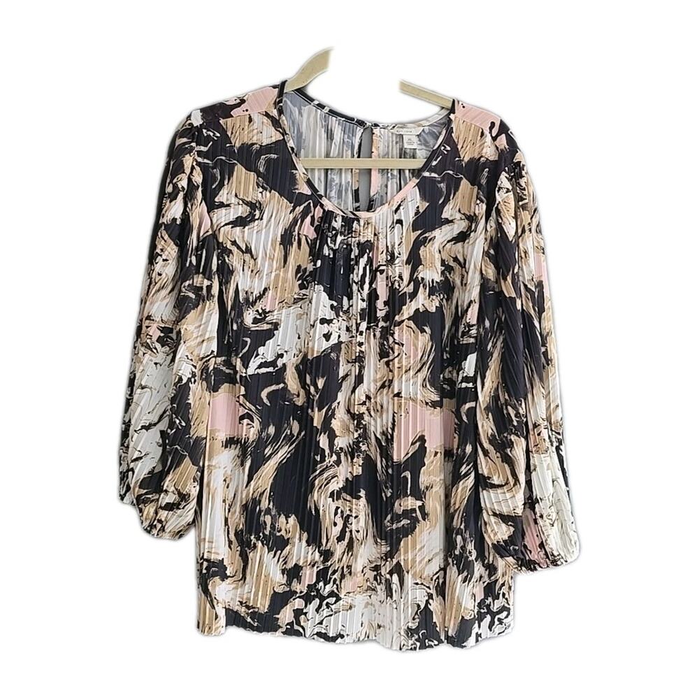 Cato Black Tan Abstract Balloon Sleeve Pleated Boho Casual Top Womans Size XL